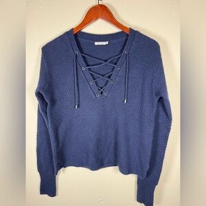 Sea Bleu Navy Cashmere Sweater vneck Lace Up Nautical Coastal Small